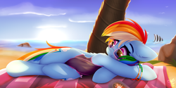 Size: 1840x923 | Tagged: safe, artist:omi, rainbow dash, pegasus, pony, semi-anthro, g4, adorasexy, arm hooves, backwards cutie mark, bangles, beach, bikini, blanket, boat, both cutie marks, clothes, cute, dashabetes, female, folded wings, glasses, lying down, mare, on side, outdoors, sailboat, sexy, smiling, solo, stupid sexy rainbow dash, summer, sunglasses, swimsuit, tree, water, wings