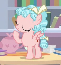 Size: 475x508 | Tagged: safe, screencap, cozy glow, pony, g4, what lies beneath, book, bookshelf, cropped, eyes closed, female, raised hoof, solo, teapot
