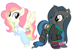 Size: 2752x2000 | Tagged: safe, artist:flutterbases, artist:magicpebbles, oc, oc only, oc:cheery candy, oc:tough cookie (ice1517), pegasus, pony, unicorn, base used, cheerycookie, clothes, commission, ear piercing, earring, eyeshadow, female, freckles, high res, hoodie, jewelry, lesbian, makeup, mare, multicolored hair, oc x oc, piercing, rainbow hair, rainbow socks, raised leg, shipping, simple background, socks, striped socks, transparent background, wristband