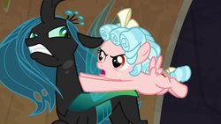 Size: 1280x720 | Tagged: safe, screencap, cozy glow, queen chrysalis, changeling, pegasus, pony, frenemies (episode), g4, angry, bags under eyes, bickering, bow, cozy glow is not amused, crown, curly hair, duo, evil lair, fangs, female, filly, flying, foal, former queen chrysalis, freckles, glare, grogar's lair, hair bow, insect wings, jewelry, lair, push, regalia, slit pupils, spread wings, tail bow, wings