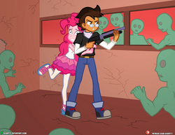 Size: 4000x3090 | Tagged: safe, artist:dieart77, pinkie pie, oc, oc:anon, oc:copper plume, undead, zombie, equestria girls, angry, anonymous, belt, canon x oc, clothes, commission, commissioner:imperfectxiii, converse, copperpie, cracks, deviantart, deviantart logo, epic fight, female, glasses, gun, halloween, holiday, jeans, male, miniskirt, muscles, neckerchief, pants, pantyhose, patreon, patreon logo, sandals, scared, shipping, shirt, shoes, shotgun, simulation, simulator, skirt, sneakers, straight, weapon, zombie apocalypse
