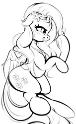 Size: 1252x2048 | Tagged: safe, artist:tohupo, fluttershy, butterfly, pony, g4, blushing, cute, female, floppy ears, floral head wreath, flower, flower in hair, monochrome, open mouth, shyabetes, sketch, solo