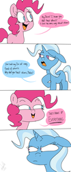 Size: 1000x2414 | Tagged: safe, artist:emositecc, pinkie pie, trixie, earth pony, pony, unicorn, g4, angry, comic, female, floppy ears, joke, mare, missing cutie mark, no pupils, open mouth, pun, shit eating grin, speech bubble, that pony sure does hate wheels, trixie is not amused, unamused