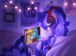 Size: 2048x1518 | Tagged: safe, artist:whiteliar, edit, oc, oc:cinnabyte, cat, earth pony, pony, bed, bedroom, clothes, computer, headphones, nintendo switch, poster, socks, tom and jerry, tom cat, watching