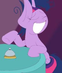 Size: 808x938 | Tagged: safe, artist:treble clefé, twilight sparkle, alicorn, pony, a trivial pursuit, g4, bell, cute, female, insanity, messy mane, smiling, solo, table, twilight snapple, twilight sparkle (alicorn), wide smile