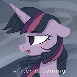 Size: 1024x1024 | Tagged: safe, artist:herfaithfulstudent, twilight sparkle, alicorn, pony, unicorn, g4, blushing, female, game of thrones, serious, serious face, solo, talking, text, twilight sparkle (alicorn), twilight starkle, wind, windswept mane, winter is coming