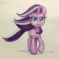 Size: 2048x2048 | Tagged: safe, artist:dawnfire, starlight glimmer, pony, unicorn, g4, the ending of the end, badass, female, frown, high res, lidded eyes, mare, marker drawing, scene interpretation, signature, simple background, solo, traditional art, white background, windswept mane, windswept tail