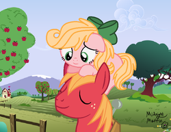 Size: 722x558 | Tagged: safe, artist:katsubases, artist:midnightmuffinda, artist:timeimpact, big macintosh, oc, oc:amber, earth pony, pony, g4, amber riding big macintosh, apple, apple tree, background used, base used, cloud, duo, father and daughter, female, fence, field, filly, freckles, house, male, offspring, outdoors, parent:big macintosh, parent:fluttershy, parents:fluttermac, ponies riding ponies, pony hat, riding, signature, stallion, tree