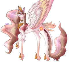Size: 960x833 | Tagged: safe, artist:shimmer-fox, princess celestia, alicorn, pony, g4, alternate design, butt feathers, female, mare, raised hoof, signature, simple background, smiling, solo, speedpaint available, spread wings, transparent background, unshorn fetlocks, wings