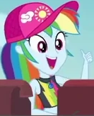 Size: 133x165 | Tagged: safe, screencap, rainbow dash, equestria girls, g4, my little pony equestria girls: better together, too hot to handle, bikini, bikini top, cap, clothes, cropped, female, geode of super speed, hat, magical geodes, shed, smiling, swimsuit, thumbs up