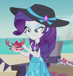 Size: 996x1037 | Tagged: safe, screencap, rarity, crab, equestria girls, equestria girls series, g4, too hot to handle, beach, beach babe, bikini, bikini babe, bikini top, bow, brochure, clothes, cropped, cute, eyeshadow, female, geode of shielding, hat, jewelry, lidded eyes, magical geodes, makeup, midriff, necklace, pearl necklace, raribetes, rarity's blue sarong, rarity's purple bikini, sarong, smiling, solo, sun hat, swimsuit, tiara