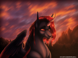 Size: 2500x1869 | Tagged: safe, artist:universalevil, oc, oc only, oc:king phoenix embers, changeling, dracony, dragon, hybrid, pony, bust, male, portrait, red changeling, solo, sunset, ych result