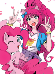 Size: 1200x1600 | Tagged: safe, artist:menko_e, kotobukiya, pinkie pie, earth pony, human, pony, g4, anime, cat ears, cute, diapinkes, double peace sign, female, heart, human ponidox, humanized, kotobukiya pinkie pie, looking at you, one eye closed, open mouth, peace sign, pixiv, pony ears, self ponidox, simple background, white background, wink