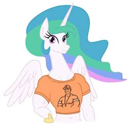 Size: 967x937 | Tagged: safe, artist:jargon scott, princess celestia, alicorn, semi-anthro, g4, arm hooves, clothes, female, imminent shirt ripping, john cena, mare, muscles, muscular female, playing with fire, princess musclestia, role reversal, shirt, simple background, solo, t-shirt, the tables have turned, white background