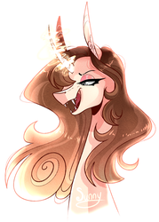 Size: 1056x1475 | Tagged: safe, artist:manella-art, oc, oc only, oc:manella, pony, unicorn, bust, fangs, female, glowing horn, horn, looking down, ponified, simple background, white background