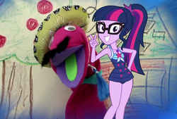Size: 1017x689 | Tagged: safe, edit, edited screencap, screencap, señor huevos, twilight sparkle, equestria girls, equestria girls specials, g4, make new friends but keep discord, my little pony equestria girls: better together, my little pony equestria girls: forgotten friendship, apple, clothes, crack shipping, cropped, facial hair, food, glasses, hat, house, moustache, one-piece swimsuit, open mouth, ponytail, puppet, sci-twi swimsuit, shipping, sombrero, swimsuit, tree, window