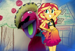 Size: 1028x694 | Tagged: safe, artist:keronianniroro, edit, edited screencap, screencap, señor huevos, sunset shimmer, equestria girls, equestria girls specials, g4, make new friends but keep discord, my little pony equestria girls: better together, my little pony equestria girls: forgotten friendship, apple, armpits, bikini, bikini top, clothes, crack shipping, cropped, facial hair, food, hat, house, midriff, moustache, open mouth, puppet, shipping, swimsuit, tree, window