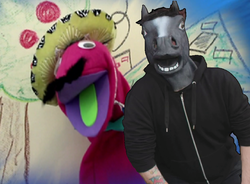 Size: 796x586 | Tagged: safe, edit, edited screencap, screencap, señor huevos, g4, make new friends but keep discord, apple, clothes, crack shipping, cropped, facial hair, food, hat, horse head, house, mask, moustache, open mouth, puppet, shipping, sweatshirt, tattoo, timothy packford, tree, window
