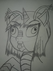 Size: 2576x1932 | Tagged: artist needed, safe, oc, oc only, oc:orchid, kaiju, kaiju pony, crossover, derp, goofy, monochrome, pacific rim, solo, tongue out, traditional art