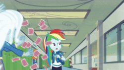 Size: 444x250 | Tagged: safe, screencap, rainbow dash, snails, snips, trixie, watermelody, equestria girls, g4, run to break free, spoiler:eqg series (season 2), animated, backpack, beautiful, clothes, cute, dashabetes, female, geode of super speed, gif, looking at you, magical geodes, male, open mouth, singing, slow motion, talking, walking, wristband