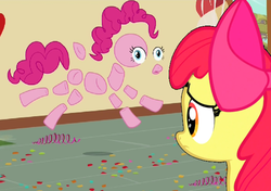 Size: 615x432 | Tagged: safe, edit, edited screencap, screencap, apple bloom, pinkie pie, earth pony, pony, g4, the one where pinkie pie knows, bow, concerned, frown, modular, pinkie pieces, sad, sugarcube corner, wide eyes