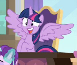 Size: 741x624 | Tagged: artist needed, safe, edit, edited screencap, screencap, starlight glimmer, twilight sparkle, alicorn, pony, g4, sparkle's seven, animated, chair, cropped, desk, female, horse head, mask, open mouth, solo focus, twilight sparkle (alicorn), wat