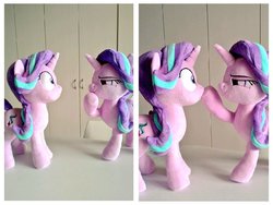 Size: 1280x960 | Tagged: safe, artist:nekokevin, starlight glimmer, pony, unicorn, series:nekokevin's glimmy, g4, boop, duo, female, glimmerposting, irl, lidded eyes, looking at each other, mare, meme, noseboop, photo, plushie, raised hoof, self ponidox, shrunken pupils, smiling, smug, thinking