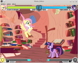 Size: 644x526 | Tagged: safe, fluttershy, twilight sparkle, pony, unicorn, fighting is magic, g4, female, game, golden oaks library, linux, mare, tribute edition