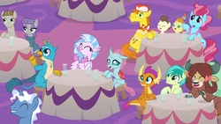 Size: 1920x1080 | Tagged: safe, screencap, carrot cake, cup cake, gallus, maud pie, mudbriar, ocellus, pokey pierce, pound cake, pumpkin cake, sandbar, silverstream, smolder, yona, changedling, changeling, classical hippogriff, dragon, earth pony, griffon, hippogriff, pegasus, pony, unicorn, yak, g4, the last problem, apron, bow, bowtie, boyfriend and girlfriend, clothes, cloven hooves, colt, dragoness, female, filly, foal, hair bow, hat, husband and wife, jewelry, male, mare, monkey swings, necklace, ship:maudbriar, shipping, smock, stallion, straight, student six, teenager