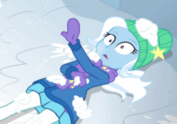 Size: 1536x1080 | Tagged: safe, screencap, trixie, equestria girls, equestria girls series, holidays unwrapped, saving pinkie's pie, spoiler:eqg series (season 2), animated, clothes, cold, cropped, female, freezing, gif, left handed, loop, shivering, solo, winter outfit