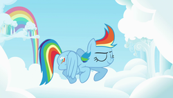 Size: 1920x1080 | Tagged: safe, screencap, rainbow dash, pegasus, pony, g4, cloud, cloudsdale, cloudy, cutie mark, female, flying, great moments in animation, intro, mare, mid-blink screencap, opening, opening theme, rainbow, sky, smear frame, solo, theme song
