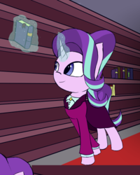 Size: 420x526 | Tagged: safe, artist:nicxchy, starlight glimmer, pony, unicorn, g4, book, clothes, female, glowing horn, horn, older, older starlight glimmer, skirt, solo, suit