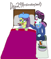 Size: 1500x1736 | Tagged: safe, artist:ktd1993, principal abacus cinch, victoria, equestria girls, g4, bed, cinchtoria, female, green face, in bed, lesbian, sick
