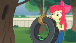Size: 1280x720 | Tagged: safe, screencap, apple bloom, colonel wigglesworth, worm, equestria girls, equestria girls series, holidays unwrapped, the cider louse fools, spoiler:eqg series (season 2), animated, apple worm, cute, female, gif, happy, loop, outdoors, perfect loop, pet, playing, smiling, swing, tire, tire swing