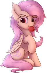 Size: 1577x2440 | Tagged: safe, artist:av-4, artist:avastin4, fluttershy, bat pony, pony, g4, apple, bat ponified, cheek fluff, chest fluff, cute, fangs, female, flutterbat, food, mare, mouth hold, race swap, shyabates, shyabetes, simple background, sitting, solo, transparent background