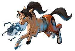 Size: 700x482 | Tagged: safe, artist:megsyv, pony, unicorn, chell, female, mare, ponified, portal, portal (valve), portal gun