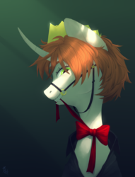 Size: 2342x3059 | Tagged: safe, artist:bk4, oc, oc only, oc:etoz, pony, unicorn, bowtie, clothes, commission, crown, fangs, female, grin, high res, jewelry, mare, regalia, shirt, simple background, smiling, smirk, solo