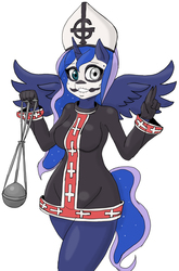 Size: 1333x2019 | Tagged: safe, artist:tiroil, princess luna, alicorn, ghost, anthro, g4, clothes, costume, crossover, female, ghost (band), ghost bc, halloween, halloween costume, heavy metal, holiday, lyrics in the comments, mare, metal, musician, papa emeritus ii, satanic, simple background, solo, song in the comments, white background