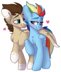 Size: 1625x1925 | Tagged: safe, artist:spoopygander, rainbow dash, oc, oc:skittle, pegasus, pony, g4, alternate hairstyle, blaze (coat marking), blushing, canon x oc, chest fluff, coat markings, cute, cutie mark, ear fluff, eye contact, eyebrows, eyelashes, facial markings, female, heart, hug, looking at each other, male, mare, markings, multicolored hair, older, older rainbow dash, outline, raised hoof, shipping, simple background, skidash, smiling, stallion, straight, transparent background, wing markings, winghug