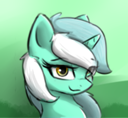 Size: 356x328 | Tagged: safe, artist:d.w.h.cn, lyra heartstrings, pony, unicorn, g4, abstract background, bust, cute, eye clipping through hair, female, lidded eyes, lowres, lyrabetes, mare, portrait, smiling, solo