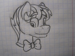 Size: 1280x960 | Tagged: safe, oc, oc:hellfire, pegasus, pony, bowtie, bust, graph paper, implied pegasus, lined paper, male, monochrome, pencil drawing, traditional art