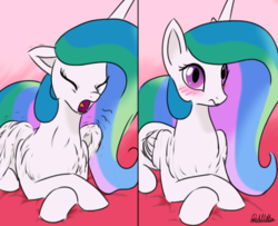 Size: 750x610 | Tagged: safe, artist:mittenred, princess celestia, alicorn, pony, g4, behaving like a cat, blushing, catlestia, chest fluff, crossed hooves, cute, cutelestia, female, lying down, mare, missing accessory, prone, solo, yawn
