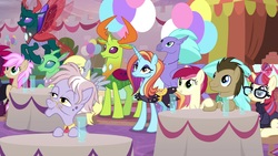 Size: 1920x1080 | Tagged: safe, screencap, derpy hooves, doctor whooves, dusty pages, moondancer, pharynx, roseluck, sassy saddles, seaspray, strawberry scoop, tempest shadow, thorax, time turner, changedling, changeling, pony, g4, the last problem, changedling brothers, female, friendship student, king thorax, male, mare, prince pharynx, stallion