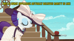 Size: 500x281 | Tagged: safe, edit, edited screencap, screencap, pinkie pie, rarity, pony, g4, ppov, animated, apple, candy, candy apple, caption, caramel apple (food), clothes, cucumber sandwiches, cupcake, darling, discovery family logo, dress, female, food, giant hat, gif, hat, image macro, lollipop, offscreen character, peanut, raristocrat, rarity looking at food, rose dewitt bukater, solo focus, subtitles, text, titanic