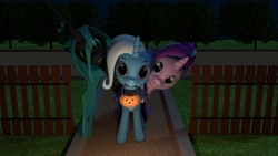 Size: 3840x2160 | Tagged: safe, artist:jansen-jack, queen chrysalis, starlight glimmer, trixie, g4, 3d, halloween, high res, holiday, nightmare night
