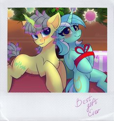 Size: 2610x2785 | Tagged: safe, artist:shadowreindeer, lyra heartstrings, oc, oc:streamsound, pony, unicorn, g4, canon x oc, commission, duo, female, high res, male, present, straight