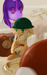 Size: 800x1280 | Tagged: safe, artist:apple rogar, derpibooru exclusive, applejack, twilight sparkle, earth pony, pony, friendship is witchcraft, how applejack won the war, g4, balloon, commission, female, helmet, hot air balloon, legends of the three kingdoms, looking back, mare, military, plane, soldier, solo, tank (vehicle), wallpaper, weapon