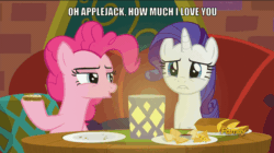 Size: 858x482 | Tagged: safe, edit, edited screencap, screencap, pinkie pie, rarity, pony, g4, spice up your life, :o, animated, caption, dialogue, discovery family logo, feeding, female, food, image macro, open mouth, rarity looking at food, text, the tasty treat