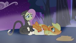 Size: 1920x1080 | Tagged: safe, alternate version, artist:hodgepodgedl, artist:ithinkitsdivine, applejack, fluttershy, pony, g4, animal costume, blushing, cat costume, clothes, costume, diaper, diaper change, diaper fetish, female, fetish, non-baby in diaper, poofy diaper, show accurate, show accurate porn, spoopy crinkle pony, wet diaper