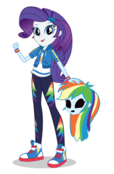 Size: 1166x1781 | Tagged: safe, edit, rainbow dash, rarity, equestria girls, g4, blue eyes, blue eyeshadow, blue skin, bodysuit, clothes, clothes swap, converse, cutie mark accessory, cutie mark on clothes, disguise, eye holes, eyeshadow, fist pump, geode of super speed, hairpin, holding, hoodie, jewelry, light skin, looking at you, magical geodes, makeup, mask, masking, mouth hole, multicolored hair, necklace, no eyes, open mouth, open smile, pants, pose, purple hair, rainbow dash suit, rainbow hair, shirt, shoes, smiling, smiling at you, swap, sweatpants, wristband